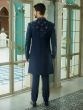 Deep Blue Mens Indowestern Set With Embroidered Open Jacket