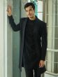 Black Stone Embroidered Mens Indowestern Set With Open Jacket In Silk