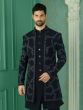 Black Embroidered Jacketed Style Mens Indowestern Set In Brocade