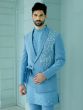 Sky Blue Mens Stylish Indowestern Set With Front Open Aymmetric Jacket