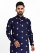 Deep Blue Cotton Kurta Pyjama Set In Thread Work