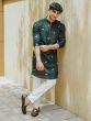 Dark Green Readymade Mens Kurta Pyjama Set In Cotton