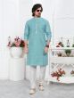 Light Blue Readymade Kurta Pyjama Set In Jacquard Silk