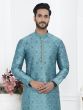 Light Blue Self Patterned Mens Kurta Pyjama Set