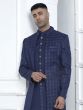 Deep Blue Jacketed Mens Indowestern Set In Silk