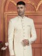 Cream Achkan Style Mens Embroidered Indowestern