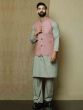 Grey Pathani Kurta Set In Cotton With Mauve Jacket