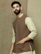 Cream Mens Kurta Pyjama Set In Cotton With Jacket