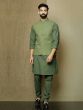 Olive Green Kurta Pyjama Set In Cotton With Nehru Jacket