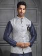 Navy Blue Mens Kurta Set In Silk With Jacquard Jacket