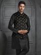 Black Nehru Jacketed Mens Kurta Set In Jacquard Silk