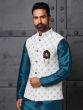 Teal Blue Kurta Set In Silk With Nehru Jacket