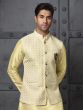 Cream Yellow Mens Kurta Pyjama Set In Silk With Jacket