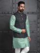 Sea Green Mens Kurta Set With Embroidered Nehru Jacket