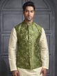 Cream Mens Kurta Set In Silk With Nehru Jacket