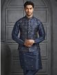 Navy Blue Mens Kurta Set In Silk With Embroidered Jacket