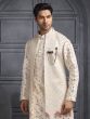 Cream Mens Silk Emroidered Long Open Jacketed Kurta Set