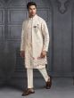 Cream Mens Silk Emroidered Long Open Jacketed Kurta Set