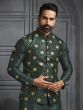 Dark Green Kurta Set For Mens In Silk With Nehru Jacket