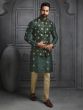 Dark Green Kurta Set For Mens In Silk With Nehru Jacket