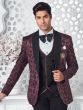 Wine Self Embroidered Tuxedo Suit For Mens