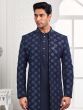 Navy Blue Stone Embroidered Mens Indowestern Set