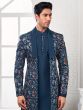 Navy Blue Mens Indowetsern In Floral Thread Work