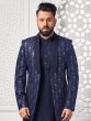 Navy Blue Wedding Mens Indowestern In Thread Weaving