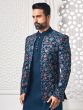 Navy Blue Floral Embroidered Mens Indowestern Set