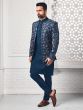 Navy Blue Floral Embroidered Mens Indowestern Set