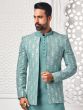 Turquoise Blue Silver Weaving Mens Jacketed Indowestern