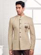 Beige Mens Bandhgala Jodhpuri Suit In Self Embroidery