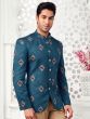 Teal Blue Mens Floral Work Jodhpuri Suit