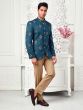 Teal Blue Mens Floral Work Jodhpuri Suit