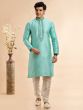 Turquoise Men's Kurta Pyjama In Thread Work