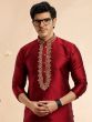 Red Festive Kurta Pyjama Set In Silk