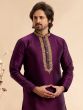 Wine Floral Thread Work Silk Kurta Set