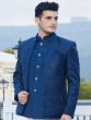 Navy Blue Embroidered Mandarin Suit In Silk