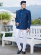 Navy Blue Embroidered Mandarin Suit In Silk