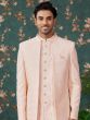 Peach Jacketed Style Indowestern Set For Mens In Silk