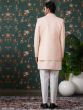 Peach Jacketed Style Indowestern Set For Mens In Silk