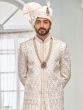 White Floral Thread Embellished Layered Sherwani