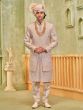 Peach Silk Sherwani For Men In Floral Embroidery