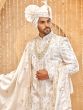 White Stone Augmented Sherwani For Groom In Silk