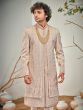 Beige Wedding Men's Sherwani In Layered Pattern