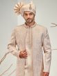 Cream Embroidered Sherwani In Jacket Style