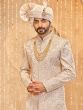 Cream Heavy Embroidered Silk Sherwani With Kurta