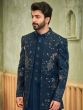 Blue Men's Indowestern With Embroidered Open Jacket