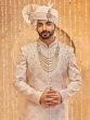 Cream Groom's Wear Sherwani In Stone Embellishment