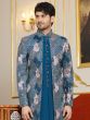 Blue Floral Thread Embellished Indowestern In Silk